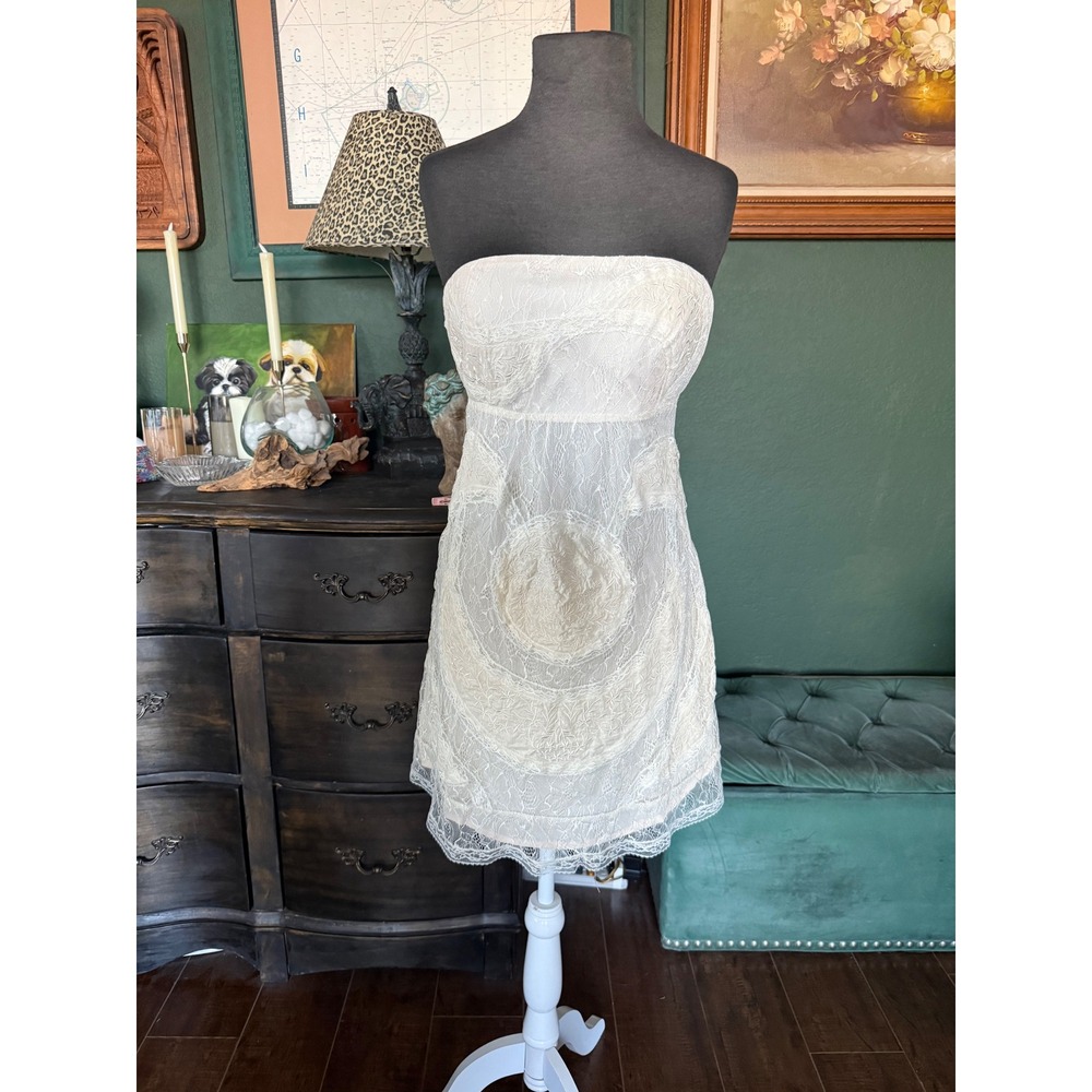 Lucy & Co White Lace Strapless Mini Dress Back Tie Cutout Bridal Boho Large